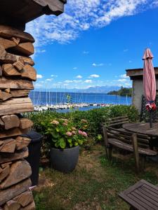 a patio with a bench and flowers and the ocean at Studio thollon-les-mémises in Thollon +11 photos