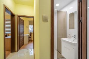 a bathroom with a sink and a mirror at Top Location Central New & Spacious 3 BDR apt Medical Academy in Sofia +33 photos
