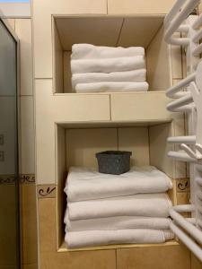 a stack of towels in a bathroom closet at Apartament Rondo AC Progres in Toruń