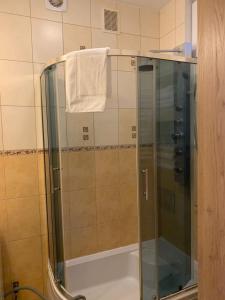 a bathroom with a shower with a glass door at Apartament Rondo AC Progres in Toruń