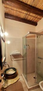a bathroom with a glass shower and a sink at Alas del Alma in Tilcara