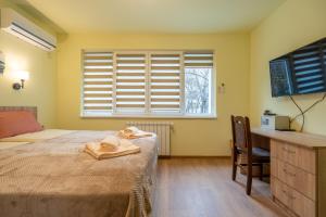 a bedroom with a bed and a desk and a window at Top Location Central New & Spacious 3 BDR apt Medical Academy in Sofia