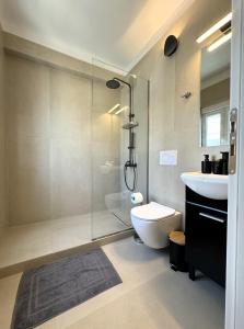 uma casa de banho com um chuveiro, um WC e um lavatório. em Piraeus center sea view apartment em Piraeus