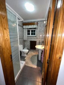 La salle de bains est pourvue d'une douche, de toilettes et d'un lavabo. dans l'établissement Alojamento Vila Flor, à Praia da Vitória