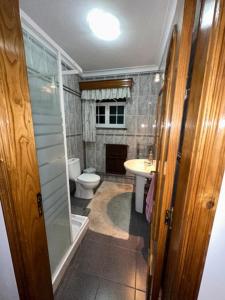 a bathroom with a shower and a toilet and a sink at Alojamento Vila Flor in Praia da Vitória