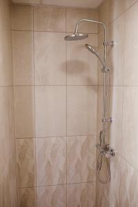 a shower with a shower head in a bathroom at Telšiai Inn in Telšiai