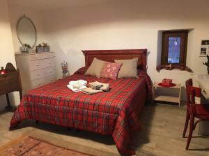 a bedroom with a bed with a red blanket and a mirror at Maison La Tur in Almese