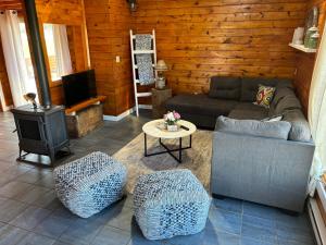 a living room with a couch and a stove at Light House in Brackley Beach