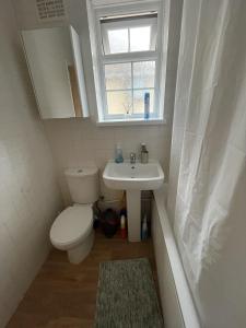 盧頓的住宿－Immaculate 3-Bed House in Luton，一间带卫生间、水槽和窗户的浴室