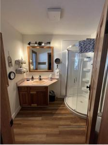 a bathroom with a sink and a shower and a mirror at The Horse Lake Inn in Lone Butte