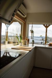 Golden Fjord-View في بيرغِن: مطبخ مع كونتر مع نافذة كبيرة