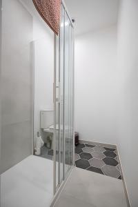 uma casa de banho com uma cabina de duche em vidro e um WC. em Dewailly, 3 couchages, élégant, proche centre ville em Amiens