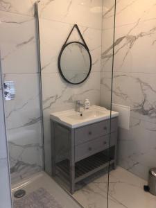 a bathroom with a sink and a shower with a mirror at Sainte Cécile 2- Studio élégant, idéalement situé in Vichy