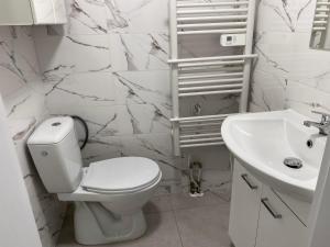 a white bathroom with a toilet and a sink at Pini Apartments & Rooms Old Town in Krakow