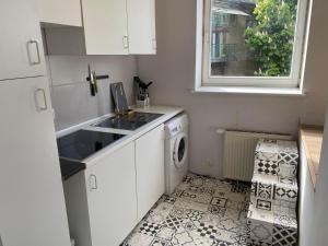 eine Küche mit einer Spüle und einer Waschmaschine in der Unterkunft Pini Apartments & Rooms Old Town in Krakau