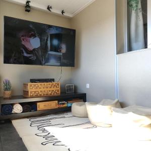 sala de estar con TV y alfombra blanca en Turpino House en Vilar Torpim