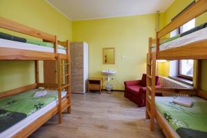 Pokój z 3 łóżkami piętrowymi i kanapą w obiekcie House Budkovič w Bohinju