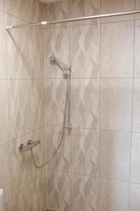 a bathroom with a shower with a glass door at Telšiai Inn in Telšiai