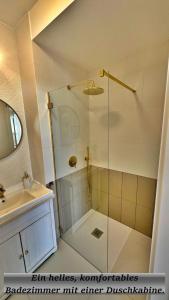 a shower with a glass door in a bathroom at Gea Eco Appartment 200m von Ostsee WiFi mit incl Parkplatz in Sianozety