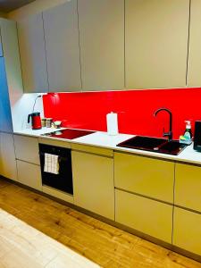 cocina con fregadero y pared roja en Apartment Targowa L9, en Lublin