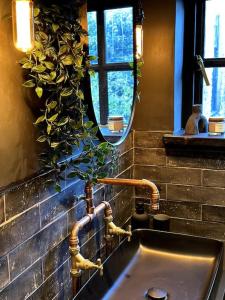 a bathroom with a sink and a mirror at Cotswold Garden Cottage in Chipping Norton