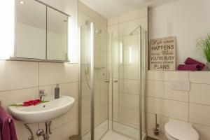 een badkamer met een wastafel en een glazen douche bij Ferienwohnung 25 in Lechbruck
