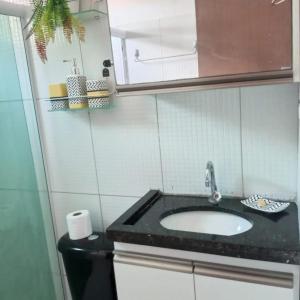 a bathroom with a sink and a mirror at Residencial Jardins Ilha de Itamaracá in Vila Velha