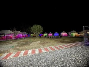 a group of tents at night with purple lights at Nubra ethnic camp in Nubra