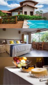 2 fotos de un dormitorio con una cama y una mesa con comida en Pousada Areias do Rosa, en Praia do Rosa