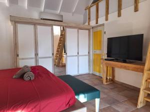 1 dormitorio con cama roja y TV de pantalla plana en Indawood en Saint Barthelemy