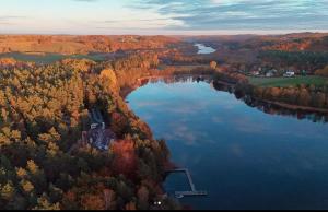 une vue aérienne d'un lac avec une maison dans la forêt dans l'établissement Detox Resort Long Life, à Przewóz