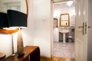 ein Badezimmer mit einem Waschbecken, einem Spiegel und einer Lampe in der Unterkunft Apartamenty Kamienica Muzyków Old Town Lublin in Lublin