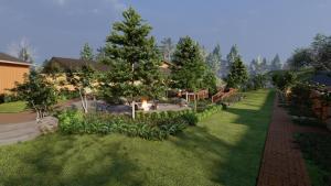 a backyard with a fire pit and trees and grass at AWOL Stowe in Stowe