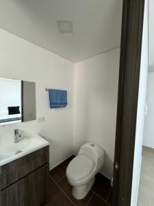 a white bathroom with a toilet and a sink at Alojamiento en El Carmen de Viboral in Carmen de Viboral