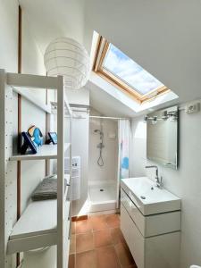 a bathroom with a shower and a sink and a skylight at La Ferme, spacieuse maison tout confort, Bénodet in Bénodet