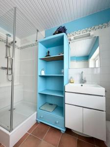 a blue and white bathroom with a shower and a sink at La Ferme, spacieuse maison tout confort, Bénodet in Bénodet