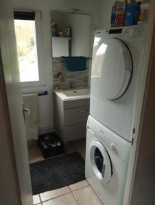 een kleine badkamer met een wasmachine en een wastafel bij L'ECUREUIL in Loc-Envel