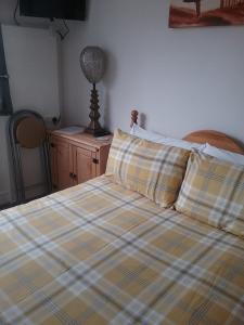 a bed with a plaid blanket and a lamp on a table at Fairways Guest House in Newquay