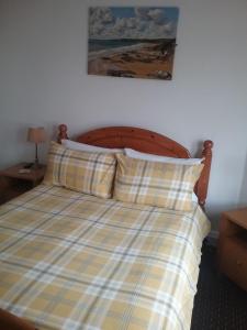 a bed with a plaid blanket and two pillows at Fairways Guest House in Newquay