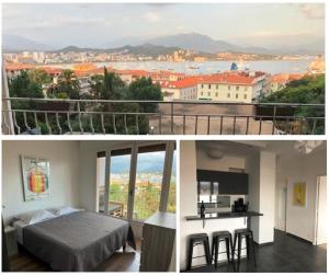 2 fotos de un dormitorio con vistas a la ciudad en Ajaccio vue mer 1, en Ajaccio