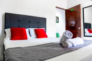 a bedroom with a large white bed with red pillows at Hotel Villa Guatape in Guatapé