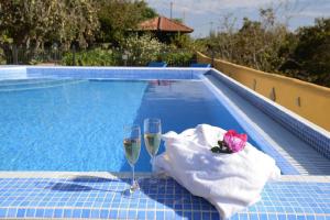 El Rosario的住宿－Gemütliches Ferienhaus in El Rosario mit Privatem Pool und Panoramablick，一张桌子,上面放着两杯葡萄酒和一朵花