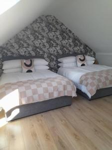 a bedroom with two beds and a wall at PatsView Lodge in Donegal