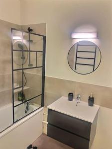 een badkamer met een wastafel en een spiegel bij b- Appartement lumineux proche velizy bis in Meudon