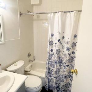 uma casa de banho com um WC e uma cortina de chuveiro em Cozy Studio em Toronto