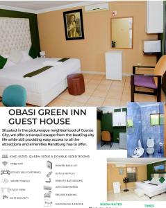 a flyer for a guest house with a bed and a room at Obasi Green Inn Guesthouse in Roodepoort