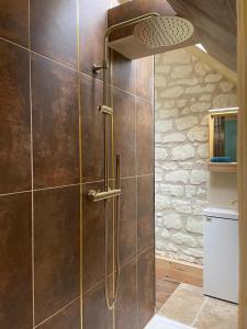 a shower with a brown tiled wall in a bathroom at Le Relais, La Dormance, Le Bois Dormant in Châteauvieux +73 photos