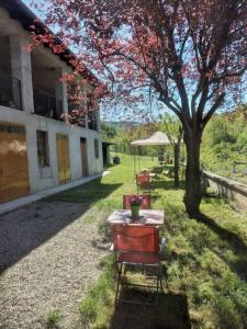 a table and chairs under a tree next to a building at La Casa Rossa -Dimora di campagna in Montechiaro D'acqui
