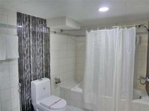 y baño con aseo, bañera y cortina de ducha. en Furnished Deluxe Private Studio Apartments near Union Metro Station, en Dubái