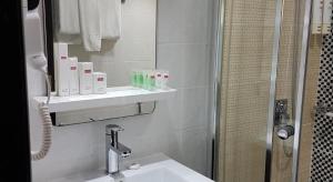 a bathroom with a sink and a shower at Furnished Deluxe Private Studio Apartments near Union Metro Station in Dubai